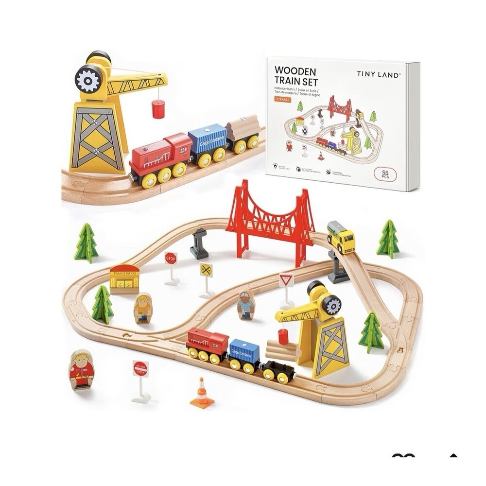 Tiny Land Wooden Train Set 55 pieces New Box - Opened + Crane & bridge Magnetic